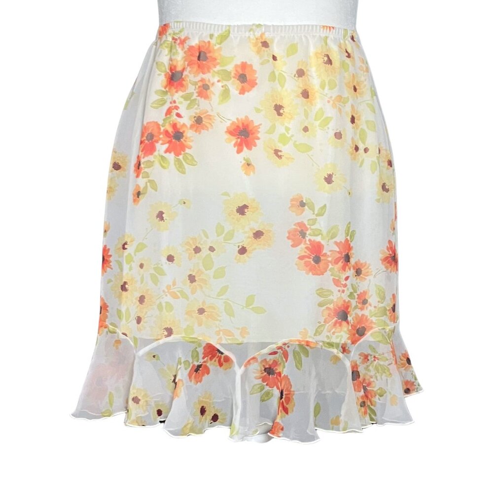 Vintage 90s Y2K White Orange Floral Ruffle Mini Skirt. L/XL. Fairycore Coquette